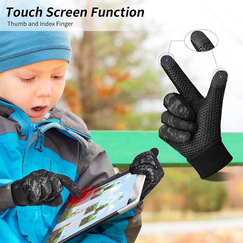 OOPOR Kid Winter Gloves with Grip - Boy Girl Wram Thermal Ski Touch Screen Bike Mittens Black 6-12 Year - Image 3